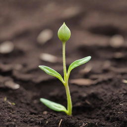 The organic beauty of seed germination, captured intimately. Witness the first stages of life as the seed cracks open, sprouting a delicate green shoot reaching for the sunlight, surrounded by rich, nurturing soil.