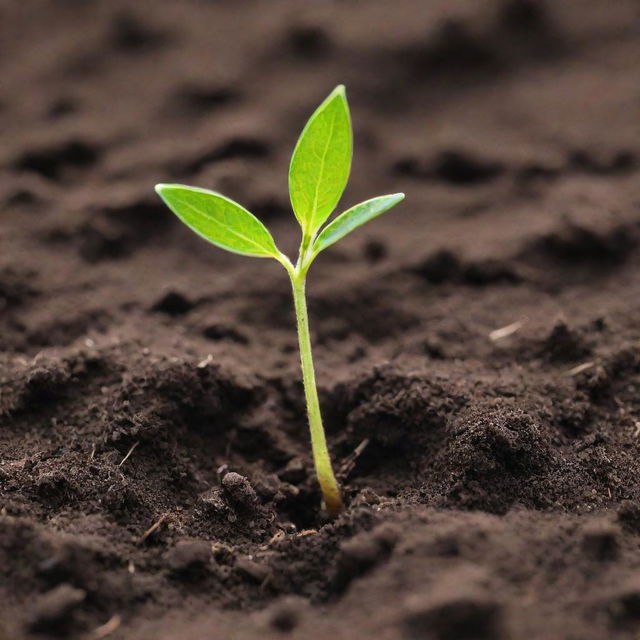 The organic beauty of seed germination, captured intimately. Witness the first stages of life as the seed cracks open, sprouting a delicate green shoot reaching for the sunlight, surrounded by rich, nurturing soil.