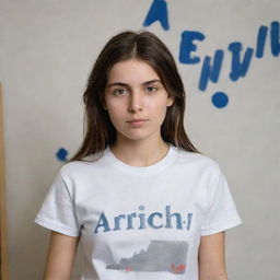 Portrait of a girl named Archi, dressed in a casual t-shirt with 'Archi' emblazoned on it, immersed in the act of painting on a canvas.