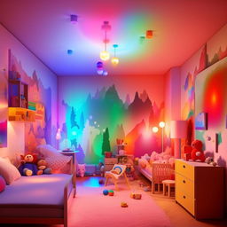 A vibrant children's room illuminated by RGB lighting, adorned with playful and creative room decor that sparks imagination, including interesting wall art, toys and comfortable furniture.