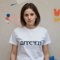 Portrait of a girl named Archi, dressed in a casual t-shirt with 'Archi' emblazoned on it, immersed in the act of painting on a canvas.