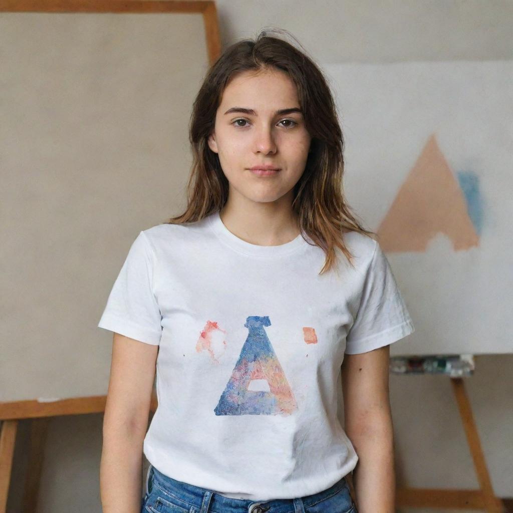 Portrait of a girl named Archi, dressed in a casual t-shirt with 'Archi' emblazoned on it, immersed in the act of painting on a canvas.