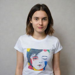 Portrait of a girl named Archi, dressed in a casual t-shirt with 'Archi' emblazoned on it, immersed in the act of painting on a canvas.