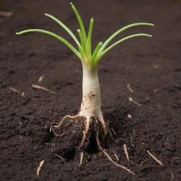 A close-up view of the roots during seed germination. Watch as the initial root, or radicle, emerges from the seed, reaching downwards into the warm, moist soil, symbolizing the inception of a new life.