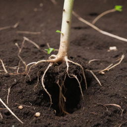 A close-up view of the roots during seed germination. Watch as the initial root, or radicle, emerges from the seed, reaching downwards into the warm, moist soil, symbolizing the inception of a new life.