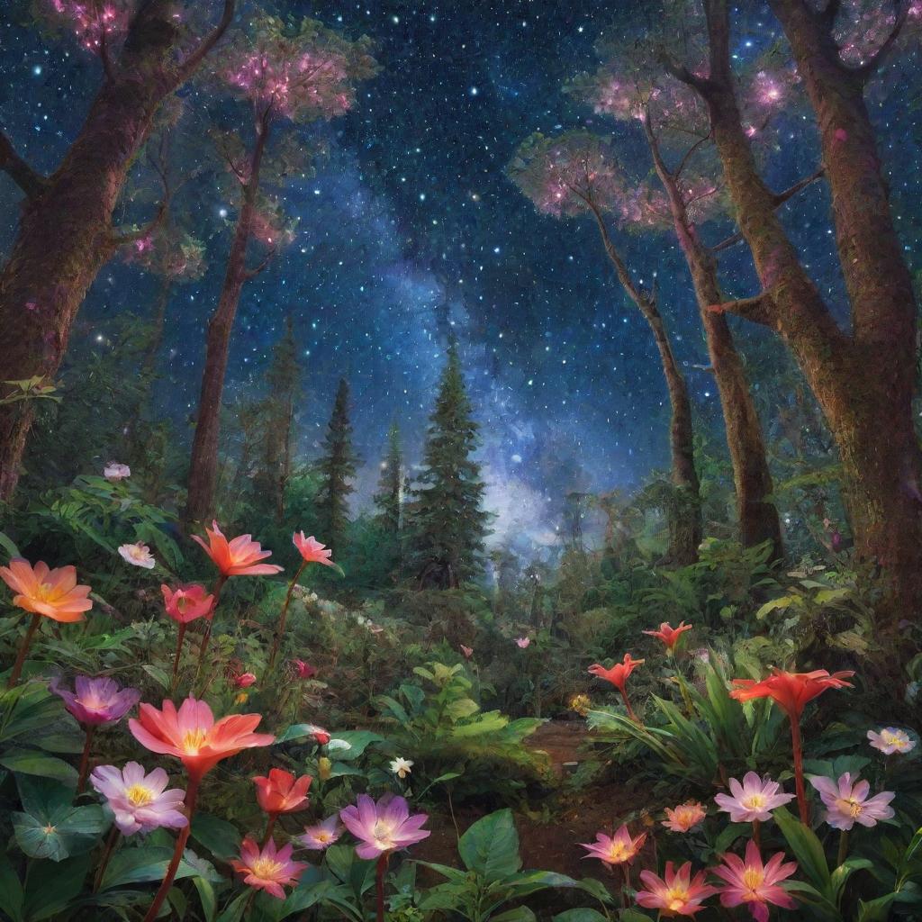 A whimsical forest teeming with exotic, radiant flora under a crystal clear starry sky.