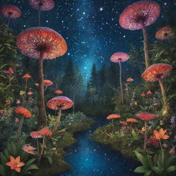 A whimsical forest teeming with exotic, radiant flora under a crystal clear starry sky.