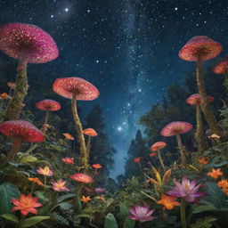 A whimsical forest teeming with exotic, radiant flora under a crystal clear starry sky.