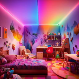 A vibrant children's room illuminated by RGB lighting, adorned with playful and creative room decor that sparks imagination, including interesting wall art, toys and comfortable furniture.