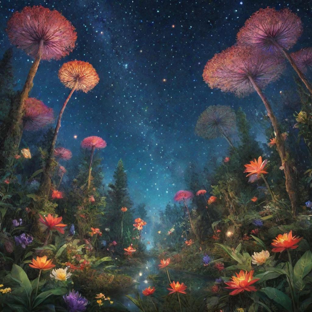 A whimsical forest teeming with exotic, radiant flora under a crystal clear starry sky.