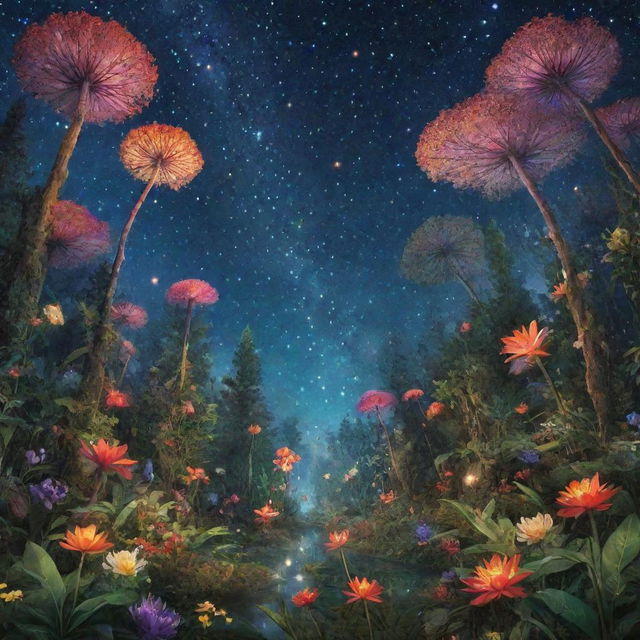 A whimsical forest teeming with exotic, radiant flora under a crystal clear starry sky.