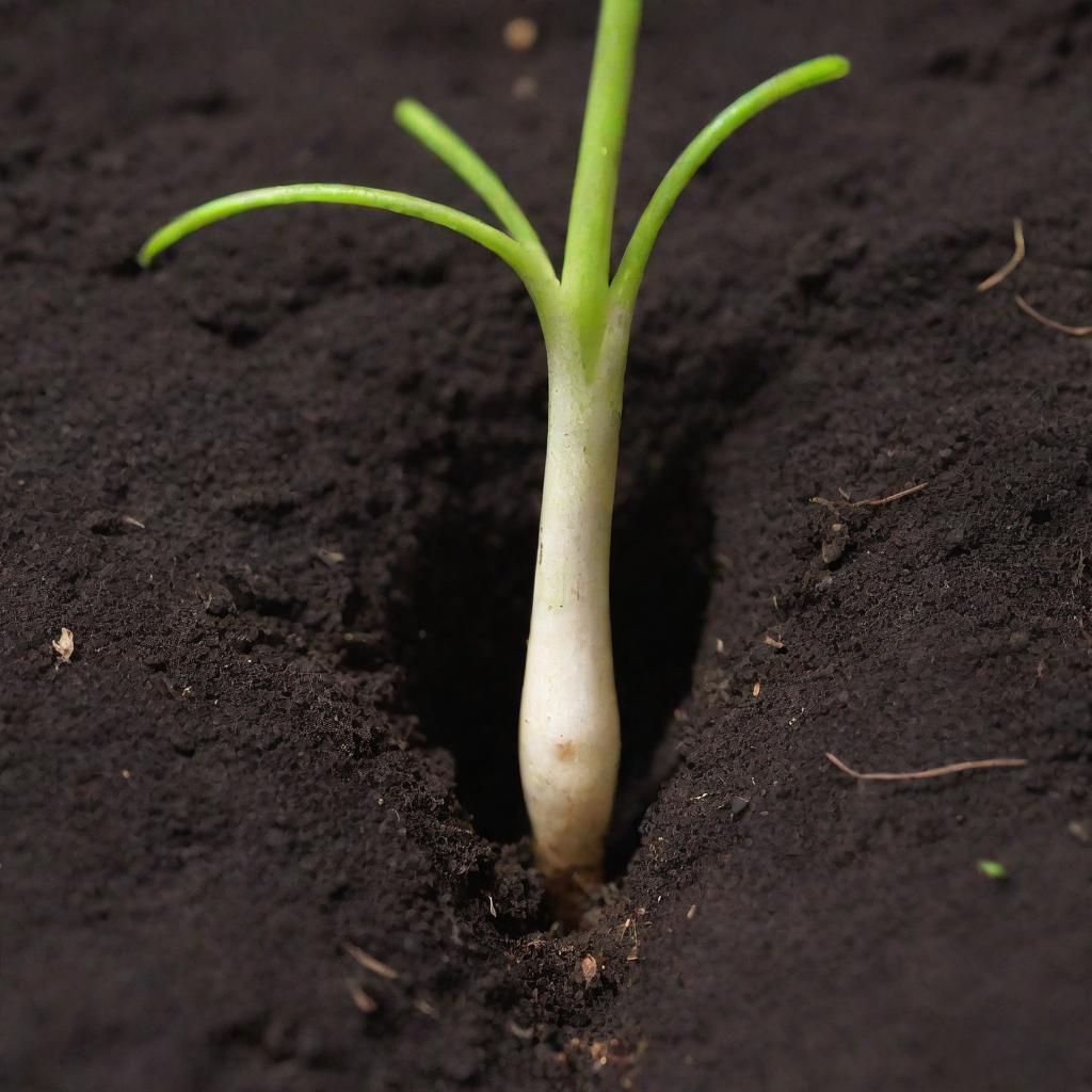 Detailed view of a germinating seed. The roots push downwards into the rich soil, seeking nutrients for the hungry seedling. It's the first chapter of life, unfolding subtly beneath the ground.