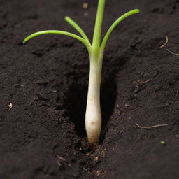 Detailed view of a germinating seed. The roots push downwards into the rich soil, seeking nutrients for the hungry seedling. It's the first chapter of life, unfolding subtly beneath the ground.