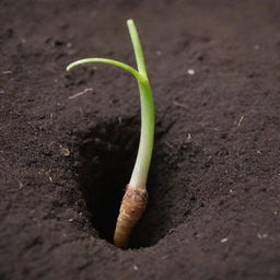 Detailed view of a germinating seed. The roots push downwards into the rich soil, seeking nutrients for the hungry seedling. It's the first chapter of life, unfolding subtly beneath the ground.