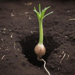 Detailed view of a germinating seed. The roots push downwards into the rich soil, seeking nutrients for the hungry seedling. It's the first chapter of life, unfolding subtly beneath the ground.