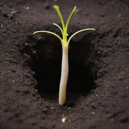 Detailed view of a germinating seed. The roots push downwards into the rich soil, seeking nutrients for the hungry seedling. It's the first chapter of life, unfolding subtly beneath the ground.