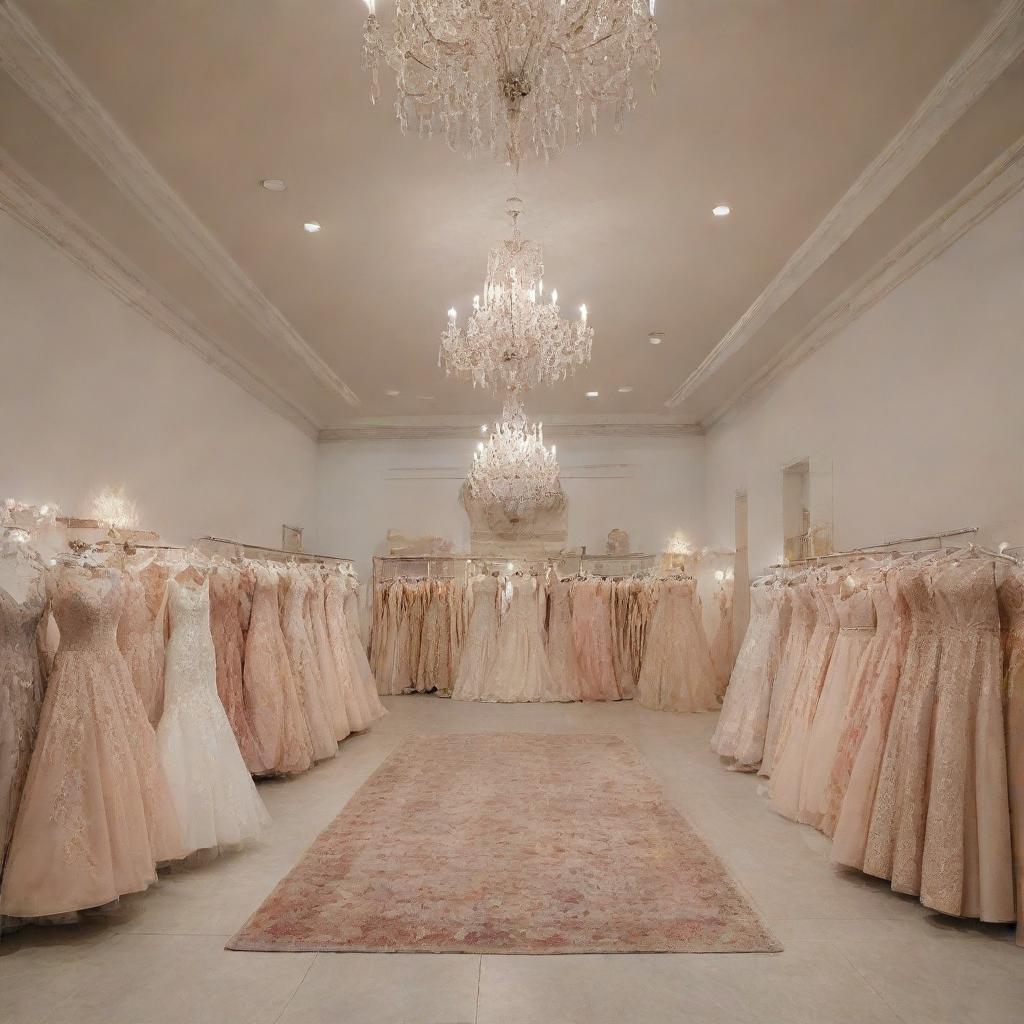 A large, beautifully lit boutique brimming with various stunning dresses of different styles, colors, and fabrics.