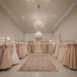 A large, beautifully lit boutique brimming with various stunning dresses of different styles, colors, and fabrics.