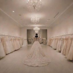 A large, beautifully lit boutique brimming with various stunning dresses of different styles, colors, and fabrics.