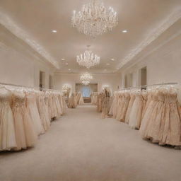 A large, beautifully lit boutique brimming with various stunning dresses of different styles, colors, and fabrics.