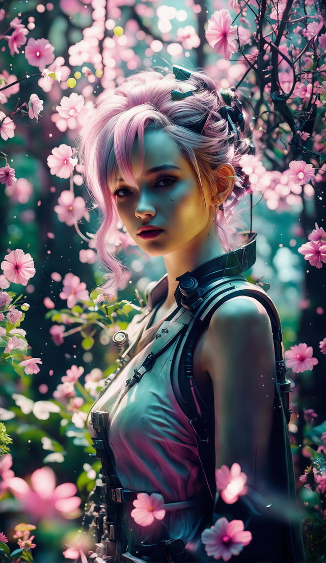 A Final Fantasy-inspired woman in a ghostpunk-infused mystical forest with sunlight filtering through trees, enhanced ghostpunk elements, fairy lights, magical white and pink lighting, flower aesthetic, fantasy vibes, bokeh effect, vignette effect, beautiful face, light particles, falling sakura petals, intricate details, 32k resolution, and water droplets.