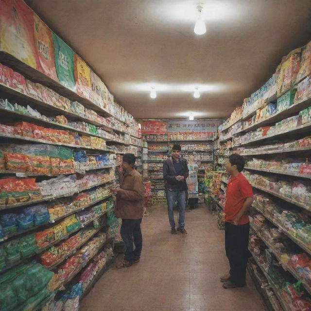 A lively shop with a prominent sign stating 'SONA Boron DAP Available Here'. Vibrant bags of fertilizers are visible in the background, shoppers peruse the selection and the shopkeeper interacts with the customers.