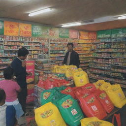 A lively shop with a prominent sign stating 'SONA Boron DAP Available Here'. Vibrant bags of fertilizers are visible in the background, shoppers peruse the selection and the shopkeeper interacts with the customers.