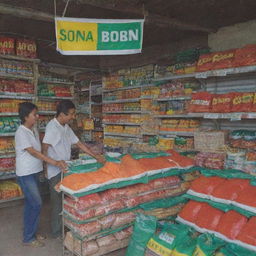 A lively shop with a prominent sign stating 'SONA Boron DAP Available Here'. Vibrant bags of fertilizers are visible in the background, shoppers peruse the selection and the shopkeeper interacts with the customers.