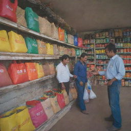 A lively shop with a prominent sign stating 'SONA Boron DAP Available Here'. Vibrant bags of fertilizers are visible in the background, shoppers peruse the selection and the shopkeeper interacts with the customers.