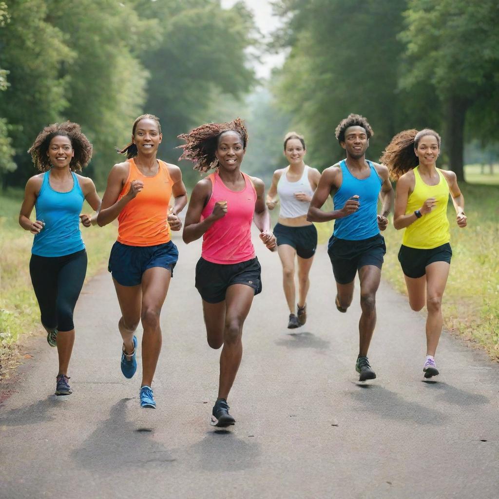 A vibrant and energetic running club in progress, with a pack of diverse athletes in colorful athletic gears, running together on a paved park trail, surrounded by lush greenery under a clear blue sky.