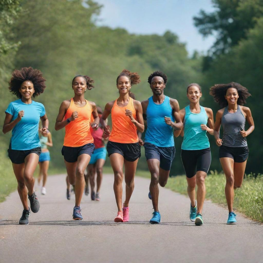 A vibrant and energetic running club in progress, with a pack of diverse athletes in colorful athletic gears, running together on a paved park trail, surrounded by lush greenery under a clear blue sky.