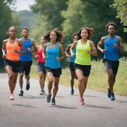 A vibrant and energetic running club in progress, with a pack of diverse athletes in colorful athletic gears, running together on a paved park trail, surrounded by lush greenery under a clear blue sky.