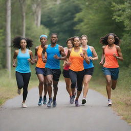 A vibrant and energetic running club in progress, with a pack of diverse athletes in colorful athletic gears, running together on a paved park trail, surrounded by lush greenery under a clear blue sky.