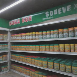 Depict a well-lit shop, with a large, visible notice: 'SONA Boron DAP Available Here'. In the background, a variety of fertilizers, including the prominently featured SONA Boron DAP, are neatly arranged.