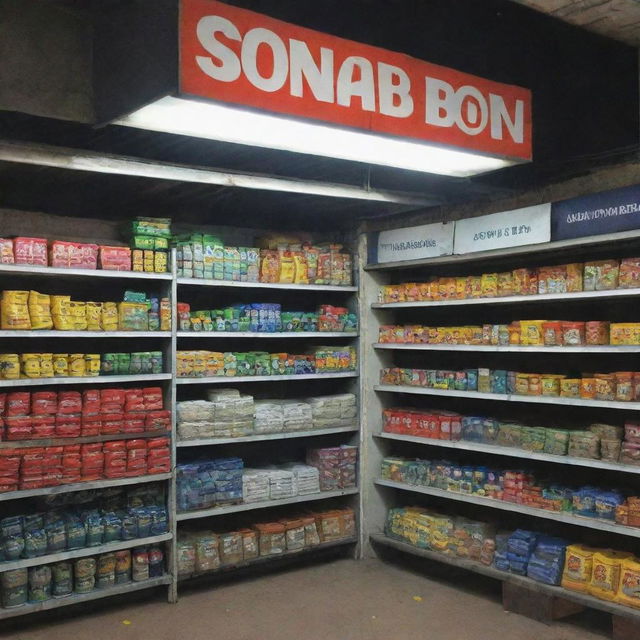 Depict a well-lit shop, with a large, visible notice: 'SONA Boron DAP Available Here'. In the background, a variety of fertilizers, including the prominently featured SONA Boron DAP, are neatly arranged.