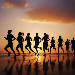 Silhouette of a dynamic running club with various runners captured mid-stride, against the backdrop of a majestic sunset with vivid, setting-sun colors painting the sky.