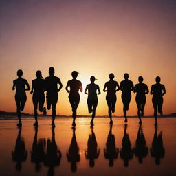 Silhouette of a dynamic running club with various runners captured mid-stride, against the backdrop of a majestic sunset with vivid, setting-sun colors painting the sky.