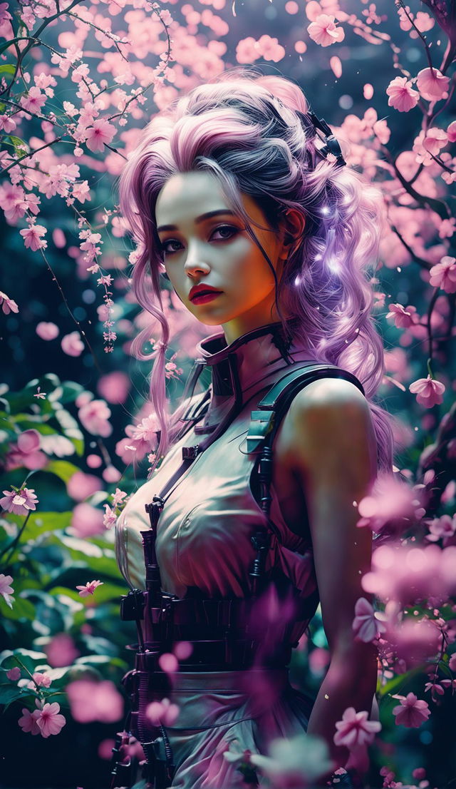 A more beautiful Final Fantasy-inspired woman in a ghostpunk-infused mystical forest with sunlight filtering through trees, enhanced ghostpunk elements, fairy lights, magical white and pink lighting, flower aesthetic, fantasy vibes, bokeh effect, vignette effect, ghostly smoke, light particles, falling sakura petals, intricate details, 32k resolution, and water droplets.