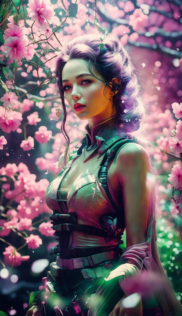 A more beautiful Final Fantasy-inspired woman in a cinematic, ghostpunk-infused mystical forest with sunlight filtering through trees, enhanced ghostpunk elements, fairy lights, magical white and pink lighting, flower aesthetic, fantasy vibes, bokeh effect, vignette effect, ghostly smoke, light particles, falling sakura petals, intricate details, 32k resolution, and water droplets.