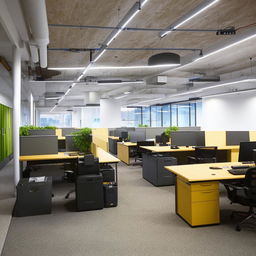 Design an efficient and comfortable office workspace within an area of 11ft by 20ft that can accommodate up to 15 people. The design should include desks, chairs, and essential office equipment, while maintaining a balance of flow and personal space.