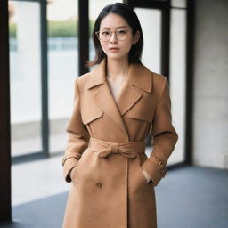 A stylish Japanese woman wears a shoulderless double-breasted coat with a belt, accentuated with elegant glasses