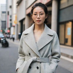 A stylish Japanese woman wears a shoulderless double-breasted coat with a belt, accentuated with elegant glasses