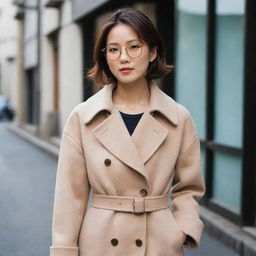 A stylish Japanese woman wears a shoulderless double-breasted coat with a belt, accentuated with elegant glasses