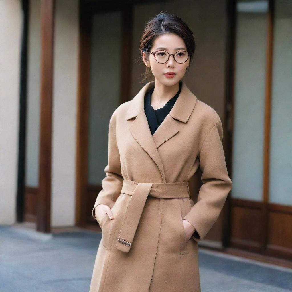 A stylish Japanese woman wears a shoulderless double-breasted coat with a belt, accentuated with elegant glasses