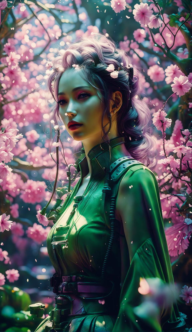 A more beautiful Final Fantasy-inspired woman in a highly cinematic, ghostpunk-infused mystical forest with sunlight filtering through trees, enhanced ghostpunk elements, fairy lights, magical white and pink lighting, flower aesthetic, fantasy vibes, bokeh effect, vignette effect, ghostly smoke, light particles, falling sakura petals, intricate details, 32k resolution, and water droplets.