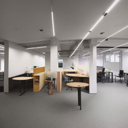 Design an efficient and comfortable office workspace within an area of 11ft by 20ft that can accommodate up to 15 people. The design should include desks, chairs, and essential office equipment, while maintaining a balance of flow and personal space.