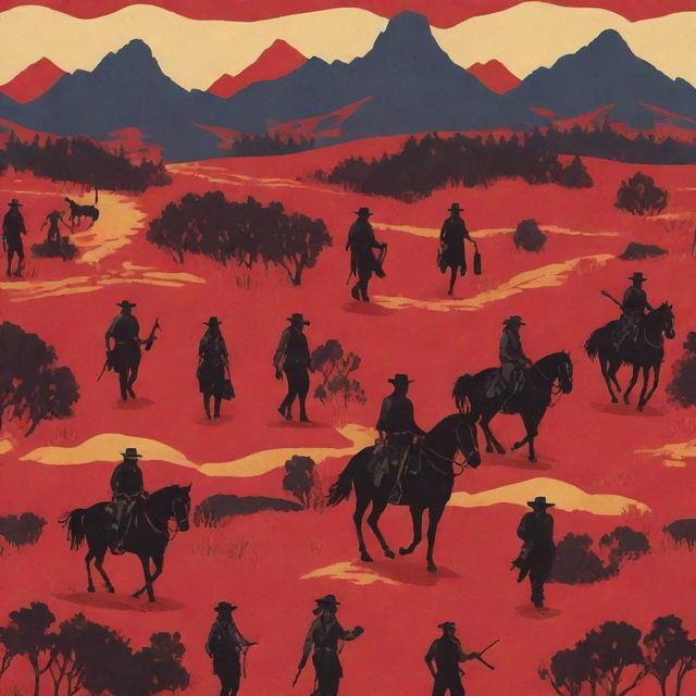 Vibrant patterns inspired by the game Red Dead Redemption 2, depicting iconic characters, scenery, and elements in a creative and stylish manner.