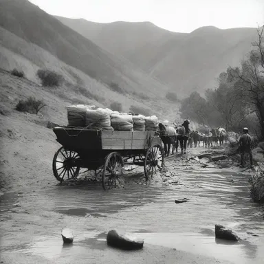 During the California Gold Rush, wagons carrying large loadings of supplies embarked on a perilous journey to the goldfields.
