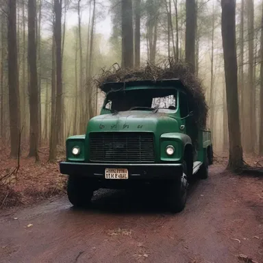 As the group of friends drove through the eerie forest, a mysterious large vehicle with disturbing loadings appeared out of nowhere, sending chills down their spines.