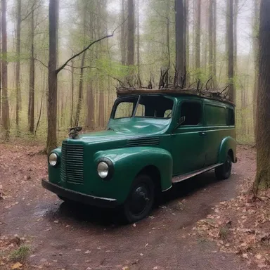 As the group of friends drove through the eerie forest, a mysterious large vehicle with disturbing loadings appeared out of nowhere, sending chills down their spines.